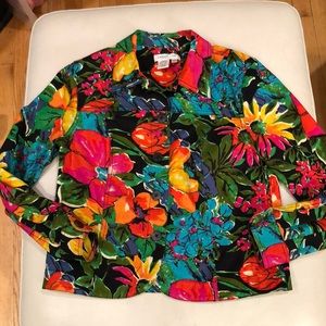 Coldwater Creek black/red/yellow/pink/ turquoise floral print jean jacket
